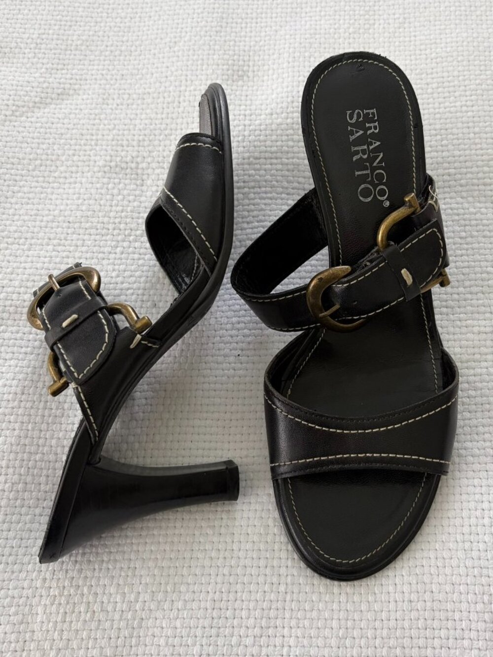 Franco Sarto size 6 black open toe slip on heels